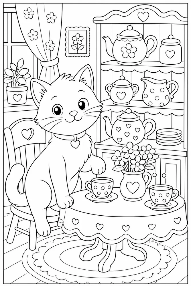 Cat near a kitchen teapot shelf coloring page