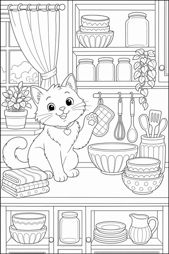 Cat beside a tidy kitchen counter coloring page