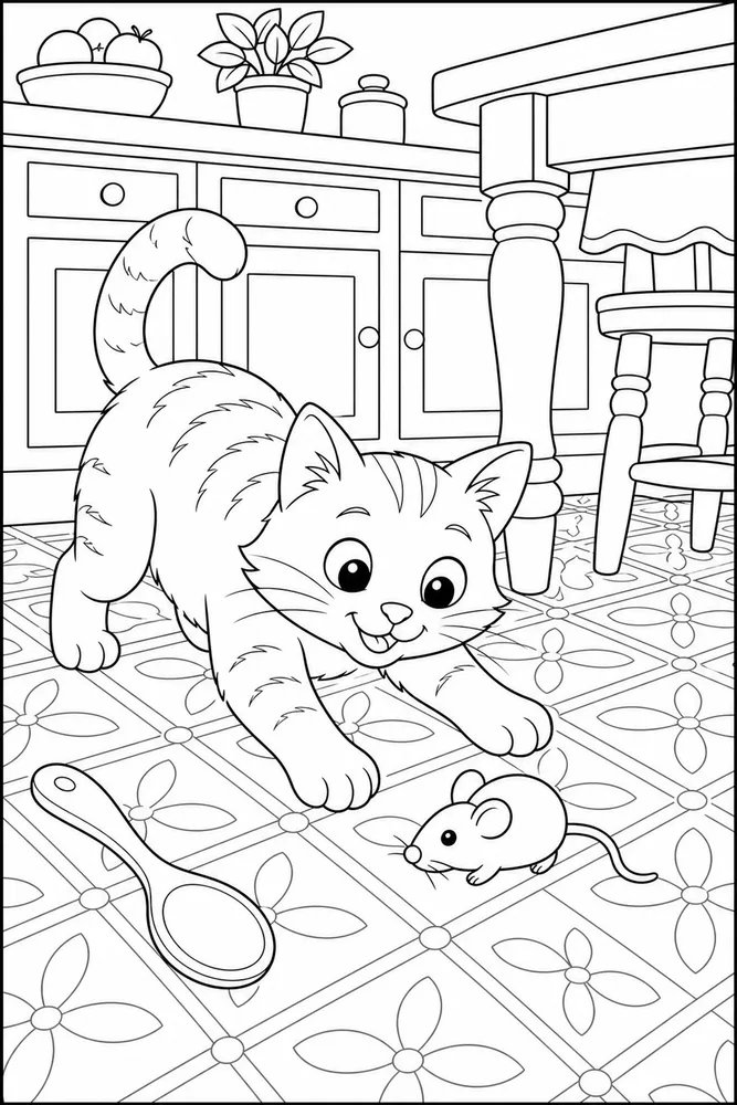 Cat on a patterned kitchen tile floor coloring page