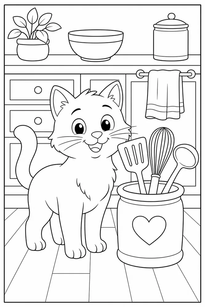 Cat beside a crock of kitchen utensils coloring page