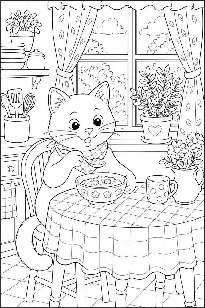 Cat eating breakfast near a kitchen window coloring page