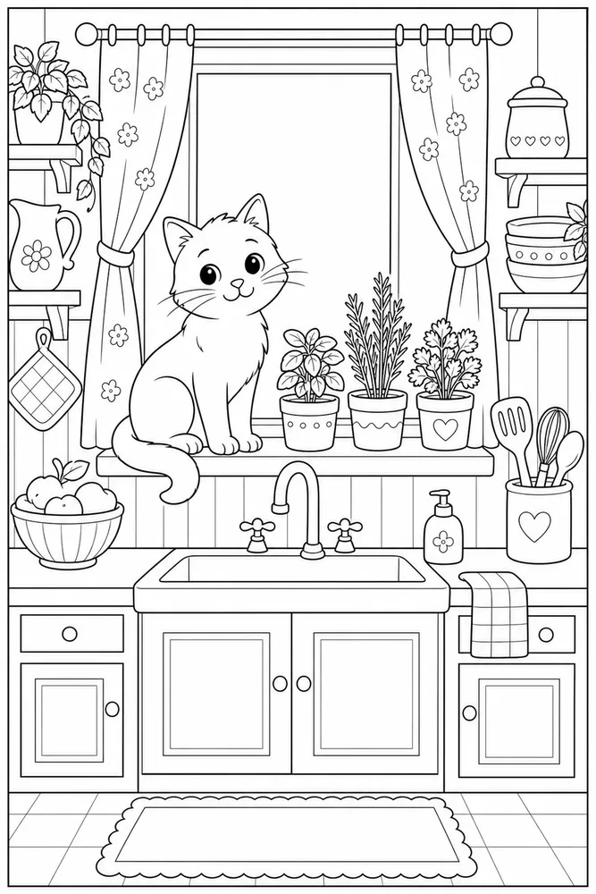 Cat at a kitchen window with herb pots coloring page