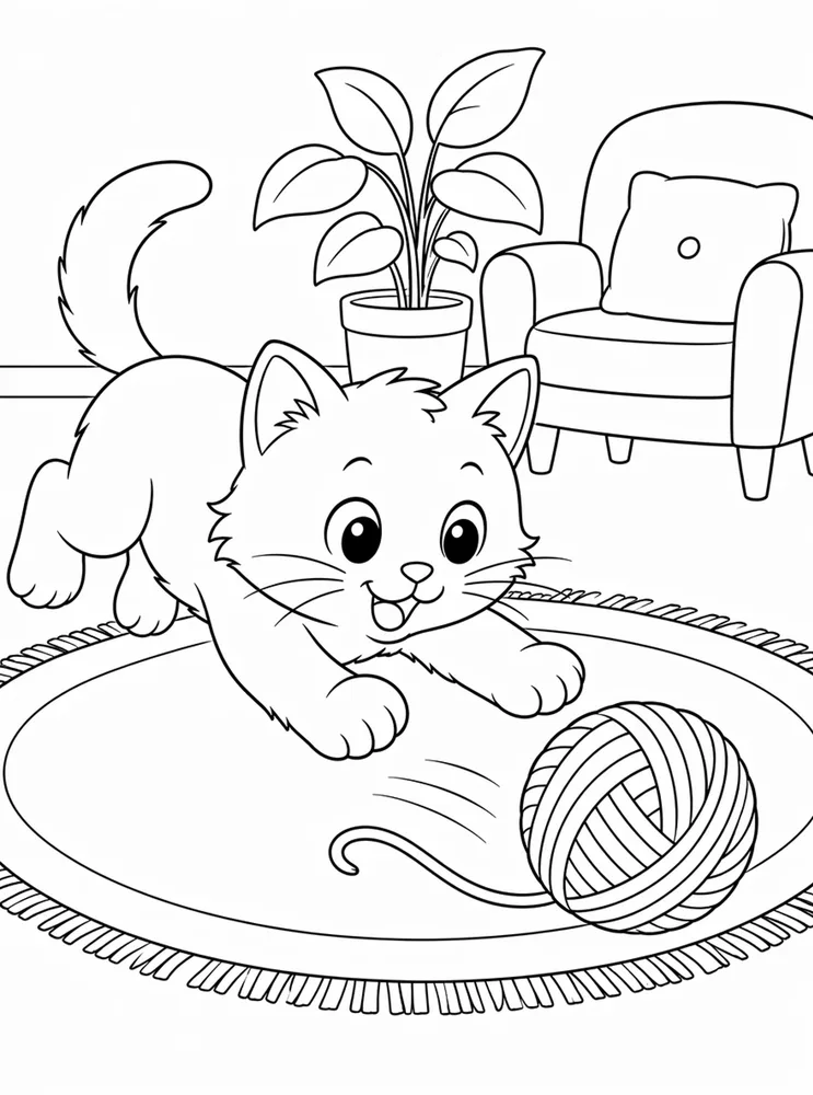 Playful kitten chasing a yarn ball on a rug with a chair and plant