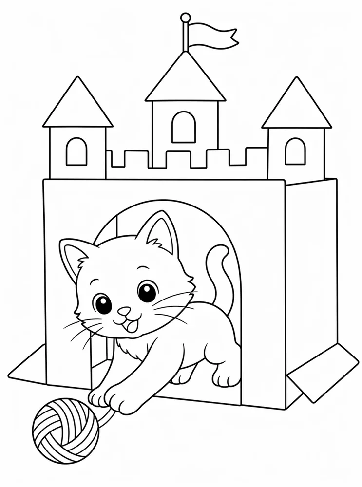 Printable kitty cat coloring page showing a kitten in a cardboard castle with yarn