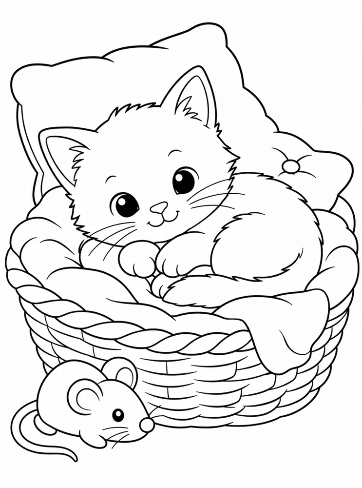 Cute kitten curled in a blanket basket beside a toy mouse
