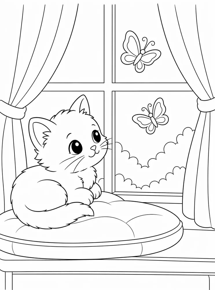 Printable kitty cat coloring page showing a kitten on a window seat watching butterflies