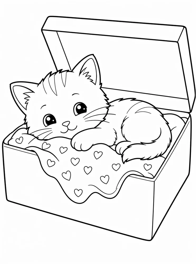 Printable kitty cat coloring page showing a kitten napping in a shoe box with a blanket
