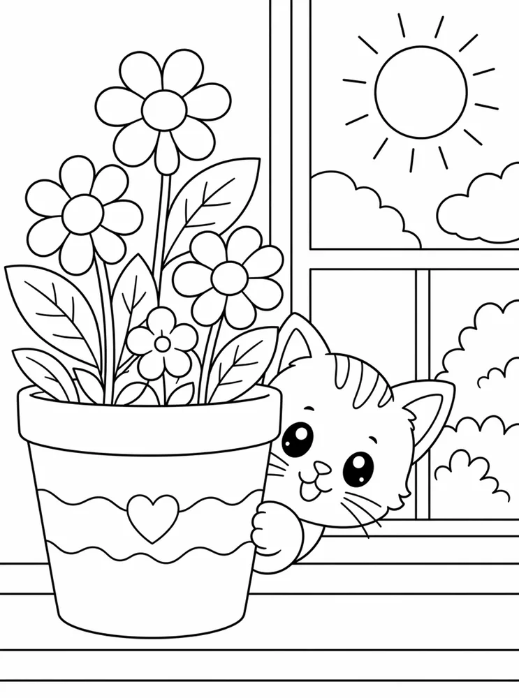 Cute kitten peeking from behind a flower pot near a sunny window