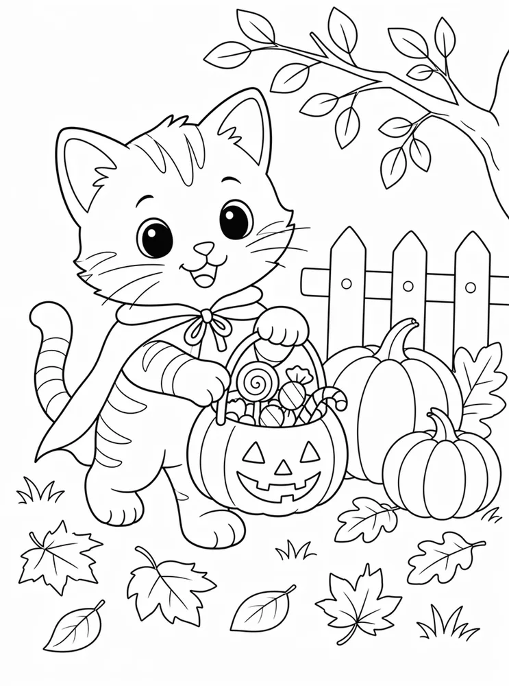 Halloween Cat Coloring Pages preview: Kitten Trick Or Treat Basket coloring page preview