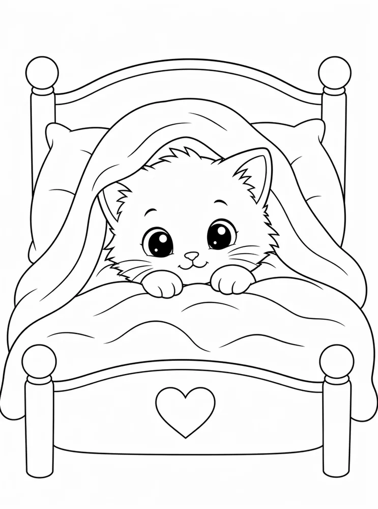 Printable kitty cat coloring page with a kitten tucked under a blanket on a bed