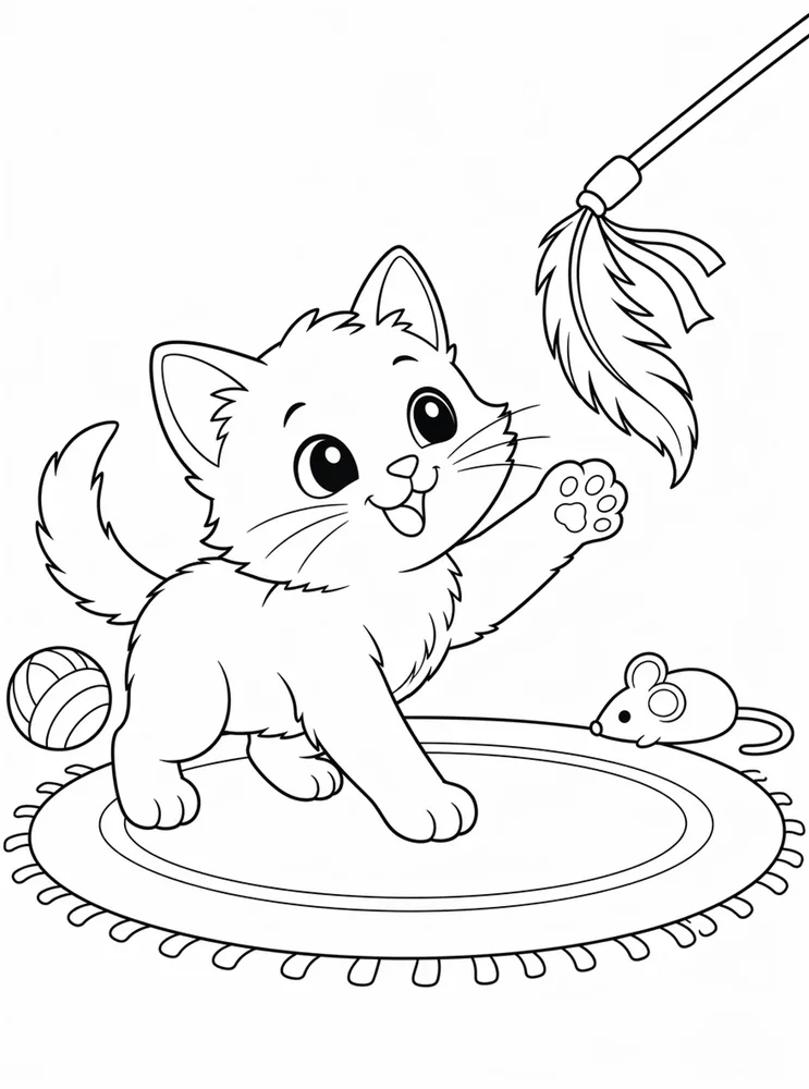 Printable kitty cat coloring page showing a kitten playing with a feather wand toy on a rug