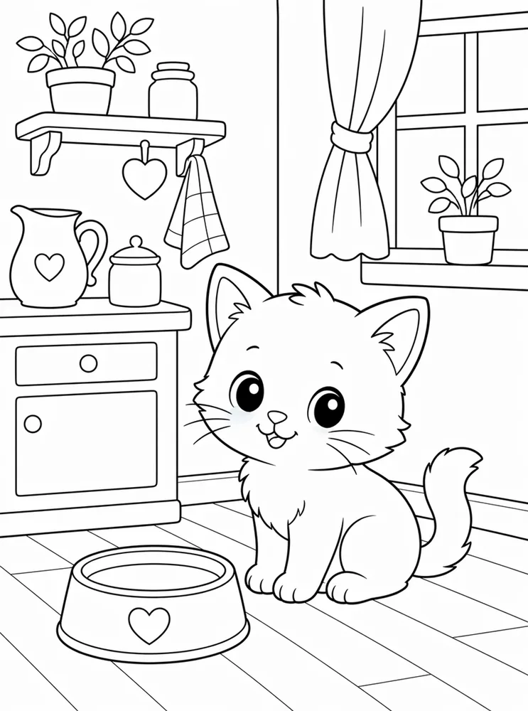 Printable kitty cat coloring page with a kitten beside a milk bowl in a simple kitchen scene
