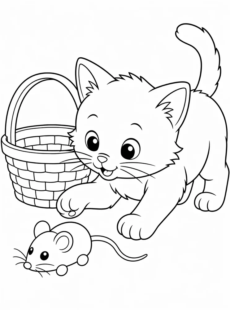 Printable kitty cat coloring page showing a kitten playing with a toy mouse beside a basket