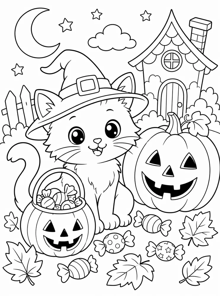 Kitten with witch hat and candy bucket Halloween coloring page