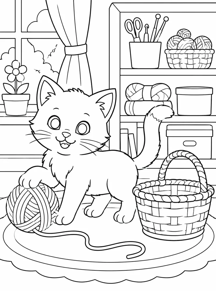 Kitten with yarn basket coloring page