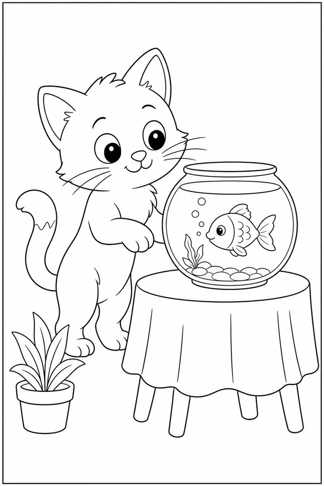 Curious kitty looking at a fishbowl coloring page