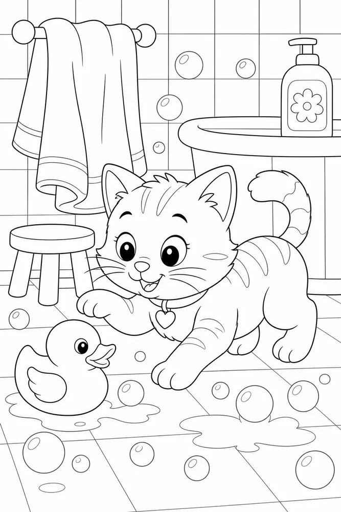 Kitty playing beside a toy duck coloring page