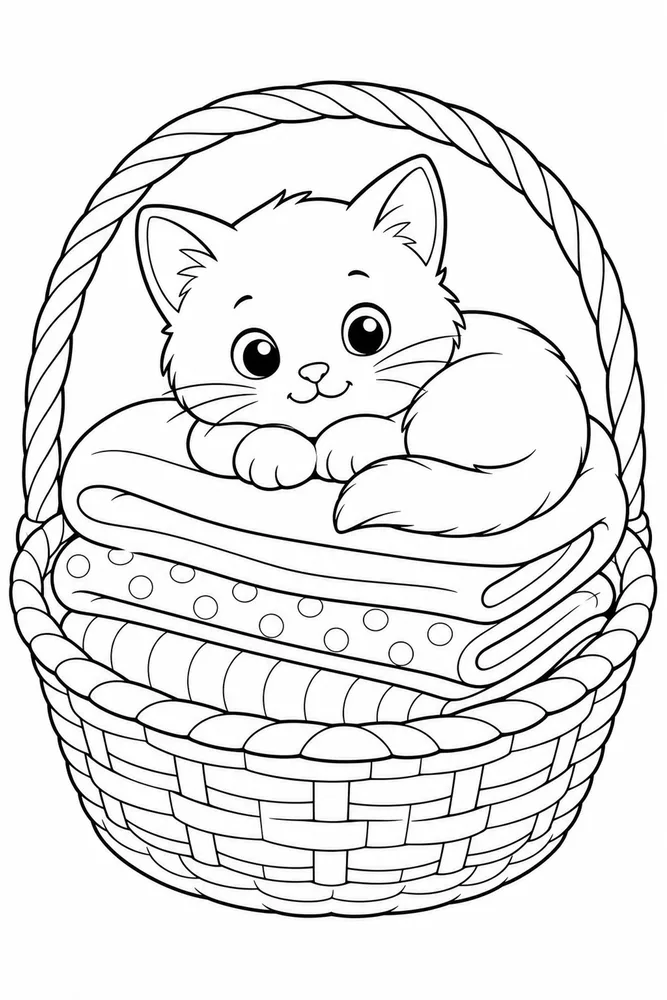 Kitty Basket Of Blankets printable coloring page for kids
