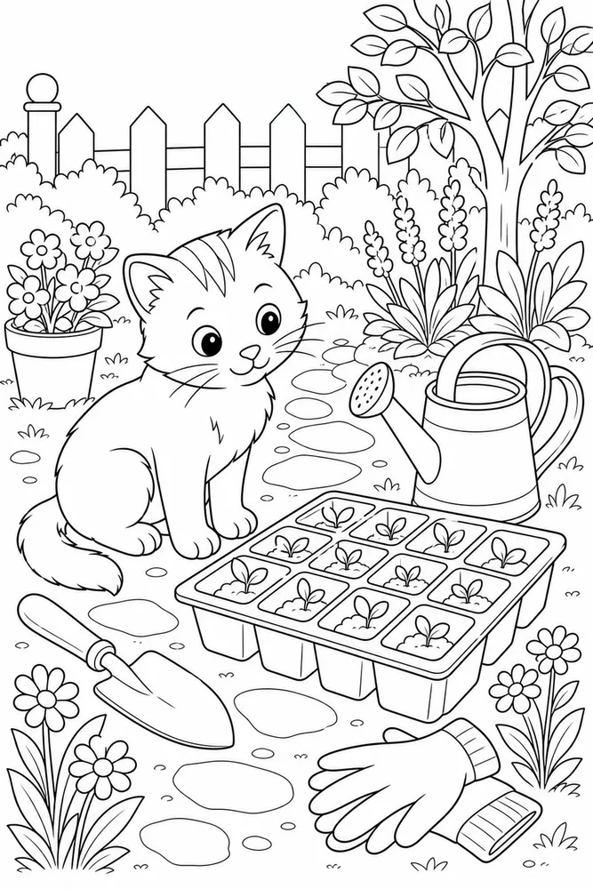 Curious kitty beside a seedling tray coloring page