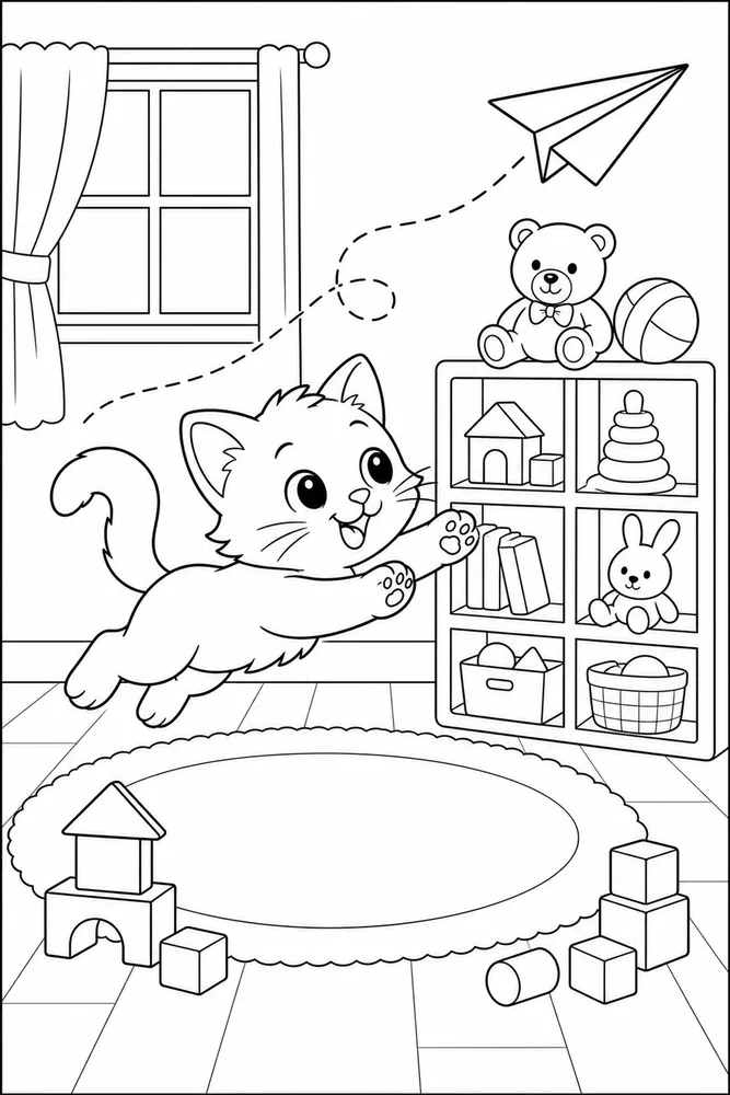 Kitty chasing a paper airplane coloring page