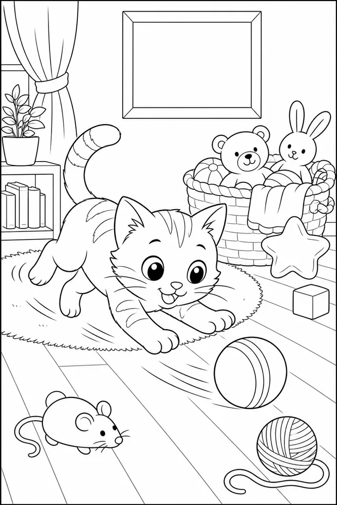 Small kitty chasing a rolling ball coloring page