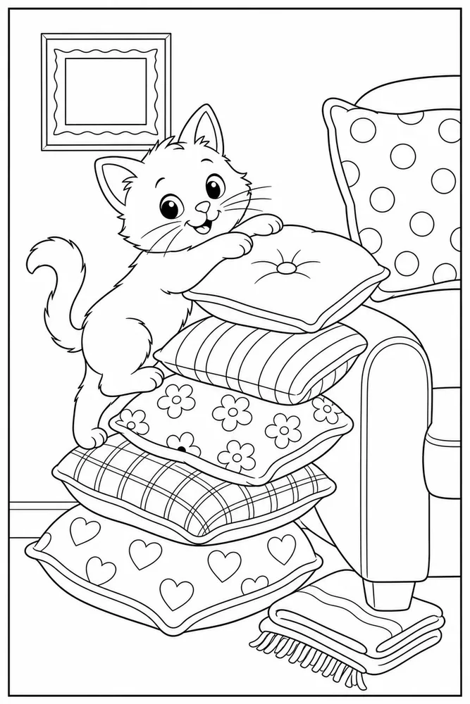Kitty climbing a stack of cushions coloring page