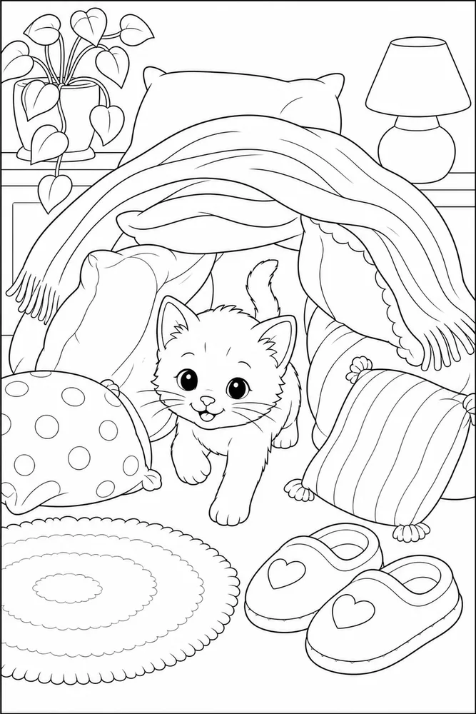 Tiny kitty crawling through a pillow tunnel coloring page
