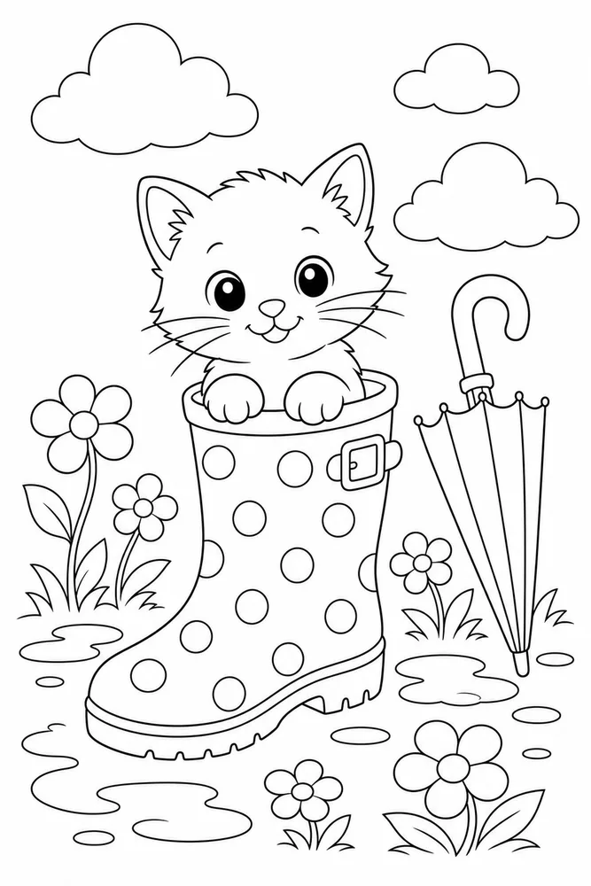 Tiny kitty sitting inside a rain boot coloring page