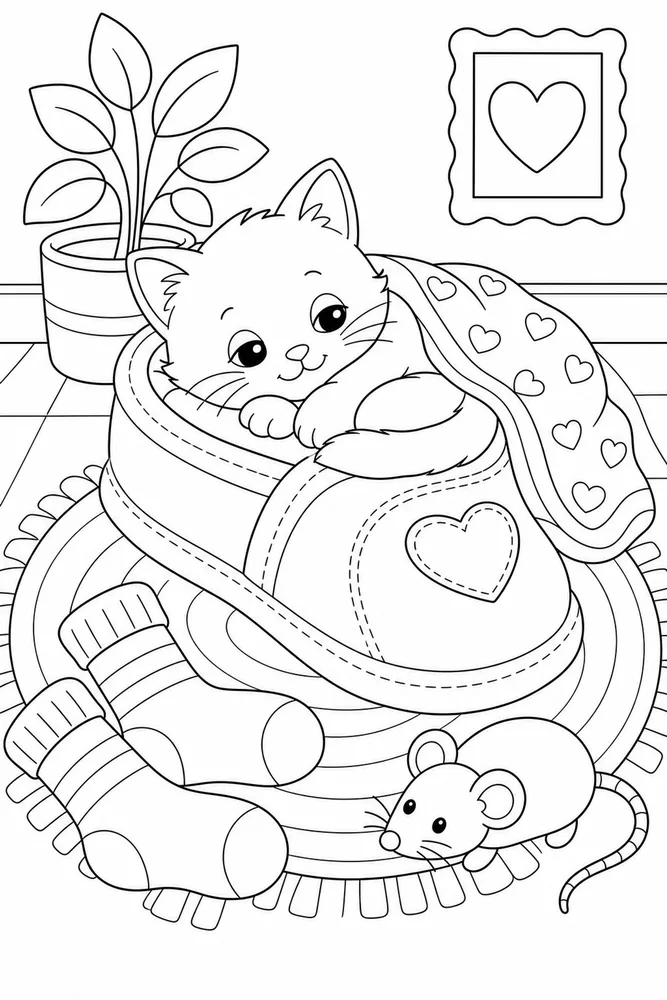 Tiny kitty curled inside a large slipper coloring page