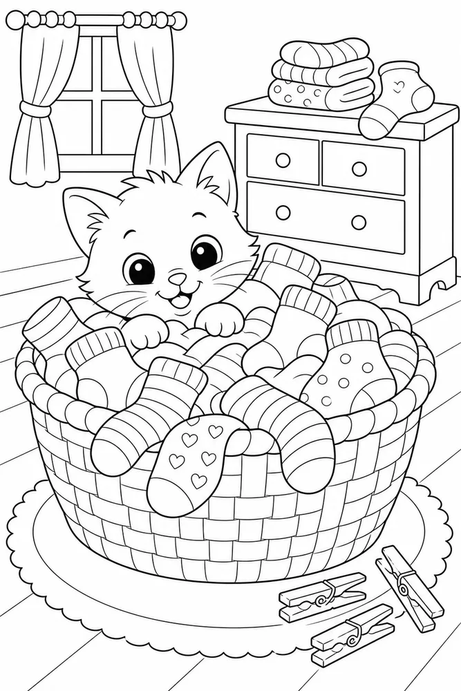 Little kitty peeking from a basket of socks coloring page