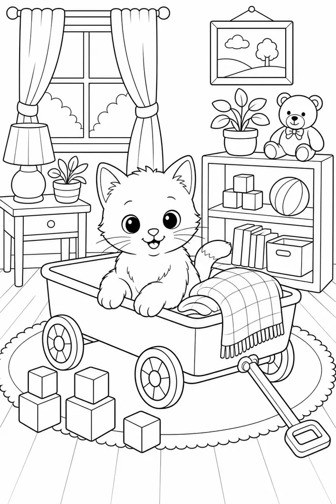 Small kitty riding in a toy wagon coloring page