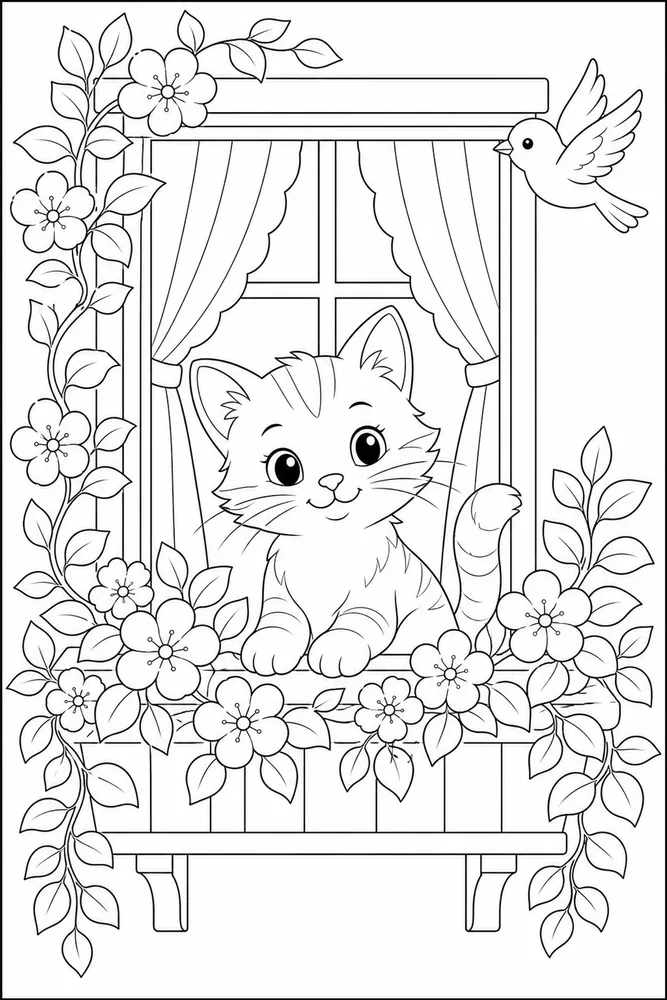 Little kitty sitting in a window flower box coloring page