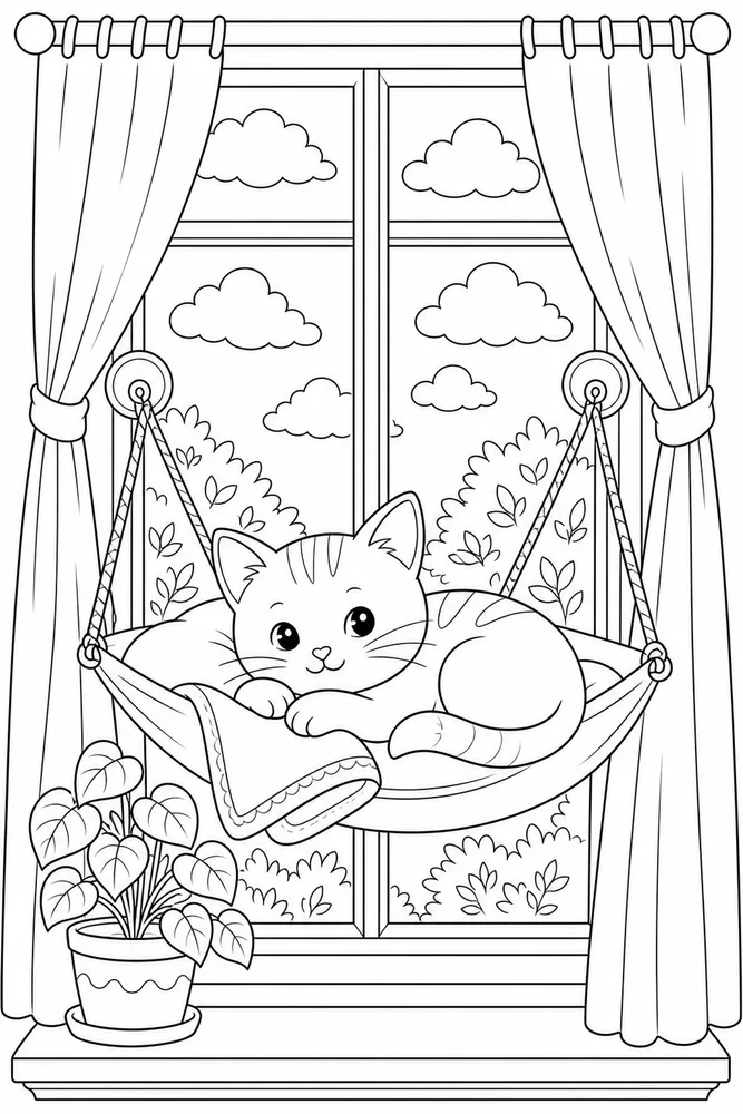 Small kitty resting in a window hammock coloring page