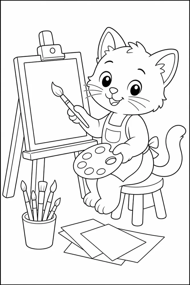 Young kitty learning to paint at an easel coloring page