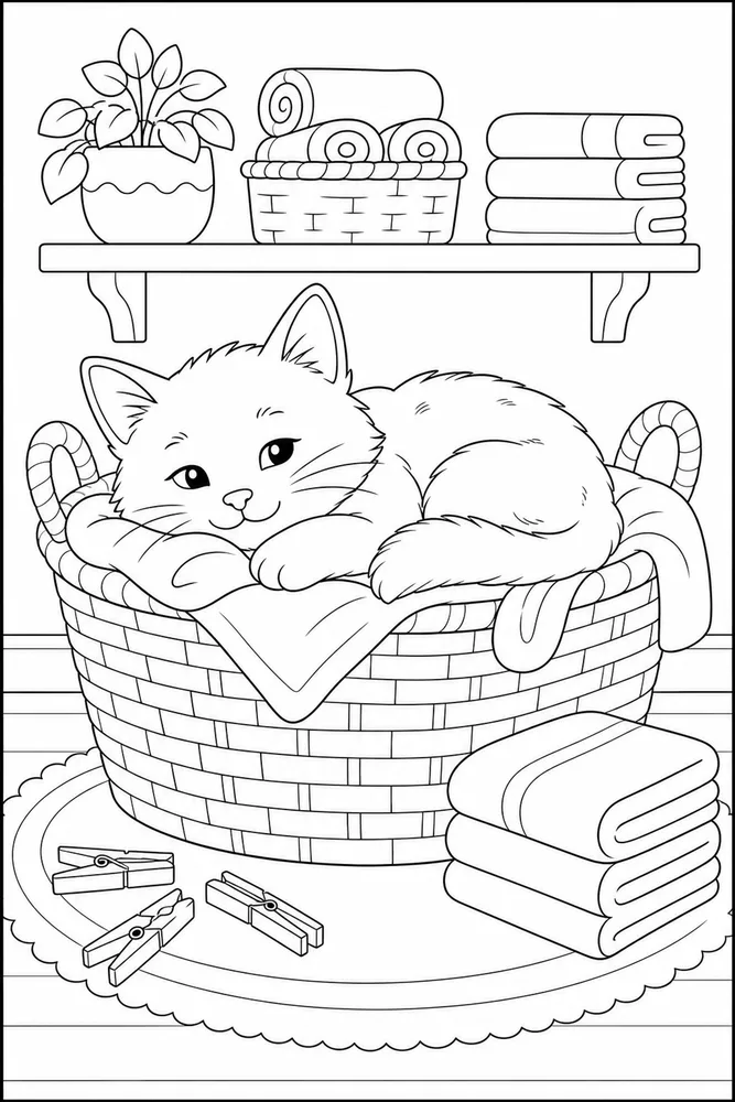 Small kitty napping in a laundry basket coloring page