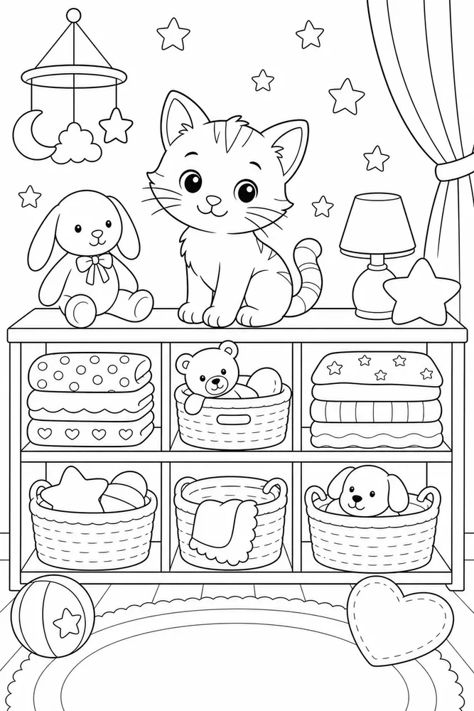 Little kitty sitting on a low nursery shelf coloring page