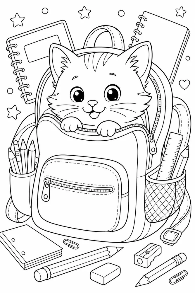Kitty peeking from a school bookbag coloring page