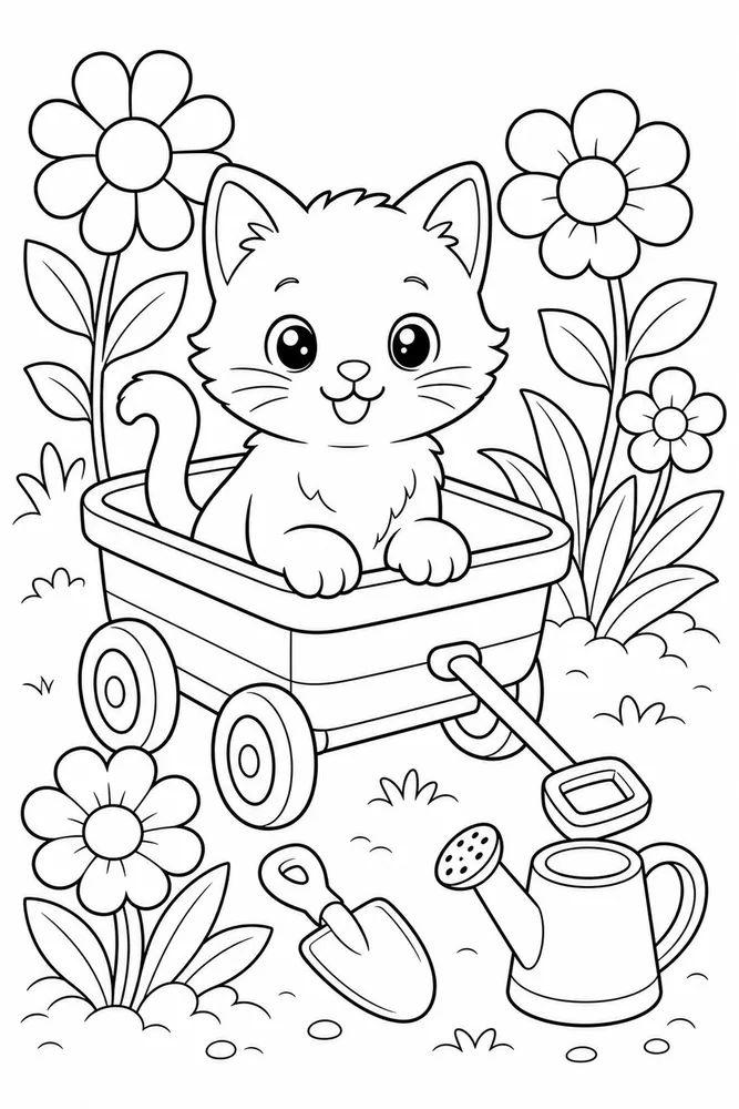 Kitty Tiny Garden Cart printable coloring page for kids