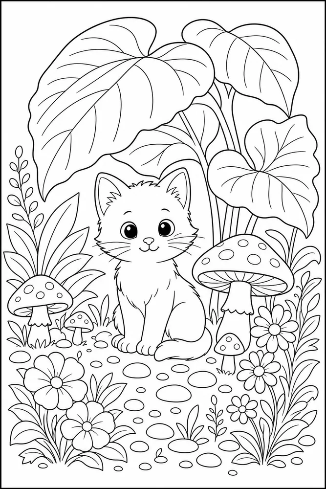 Tiny kitty sitting under mushroom leaves coloring page