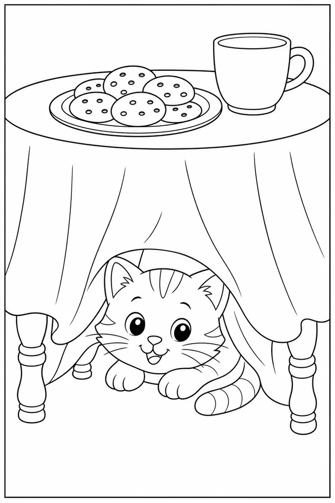 Small kitty hiding under a tablecloth coloring page
