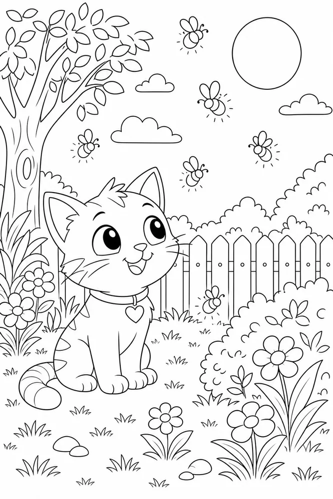 Little kitty watching fireflies in a backyard coloring page