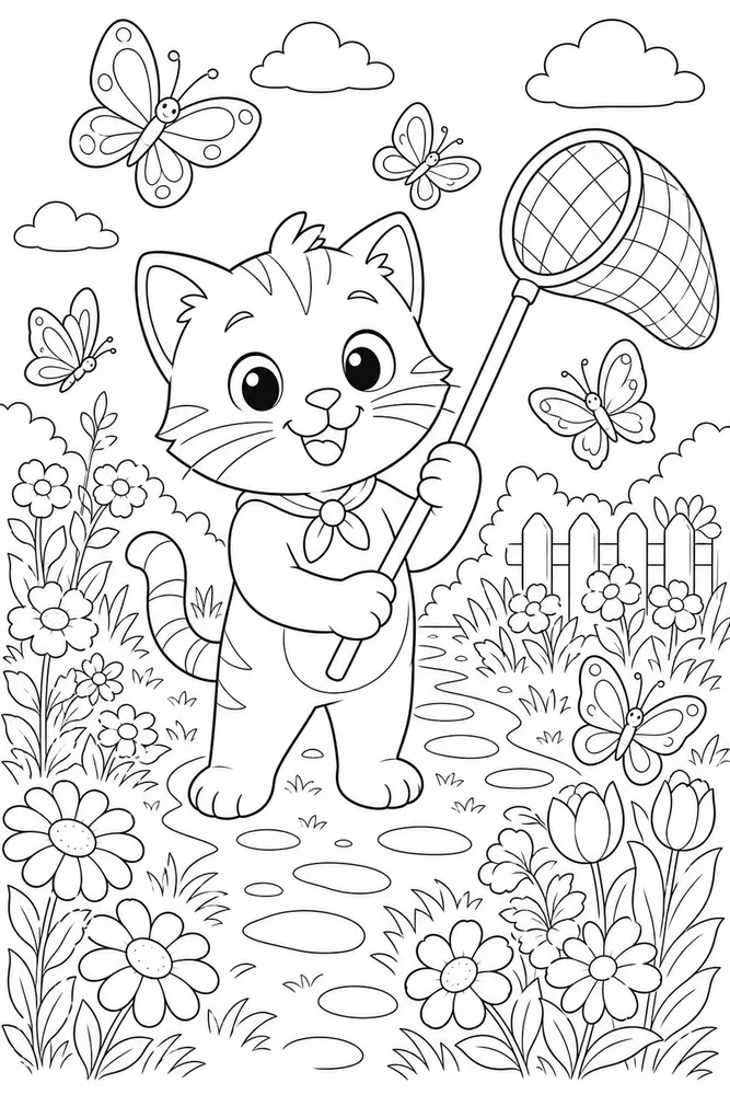 Playful kitty holding a butterfly net coloring page