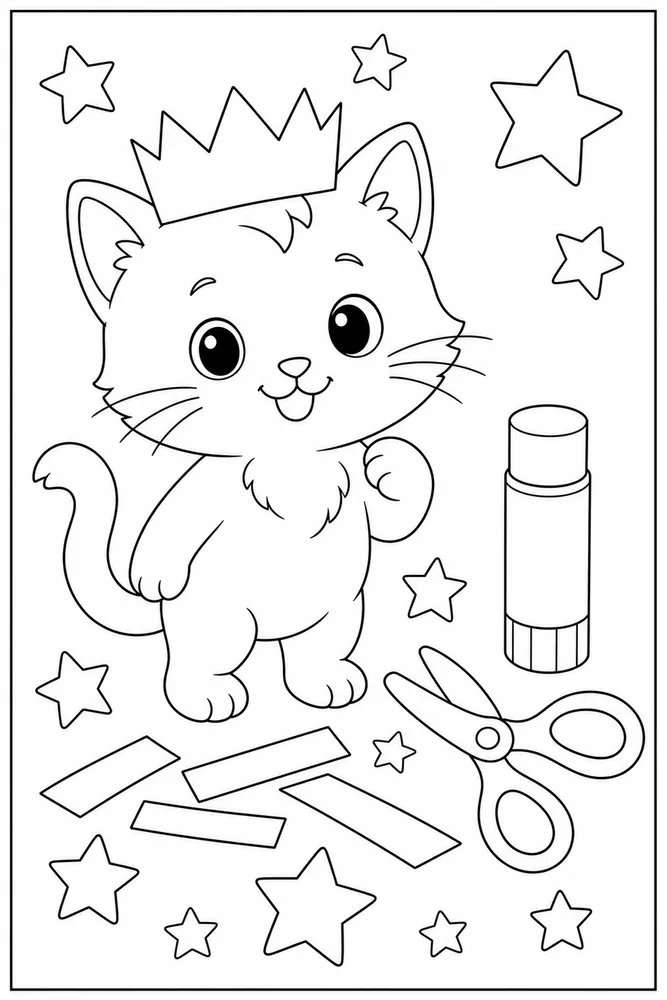 Tiny kitty wearing a paper crown coloring page