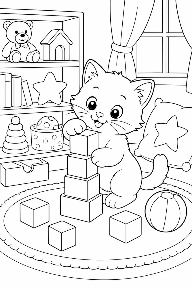Playful kitty stacking blank toy blocks coloring page