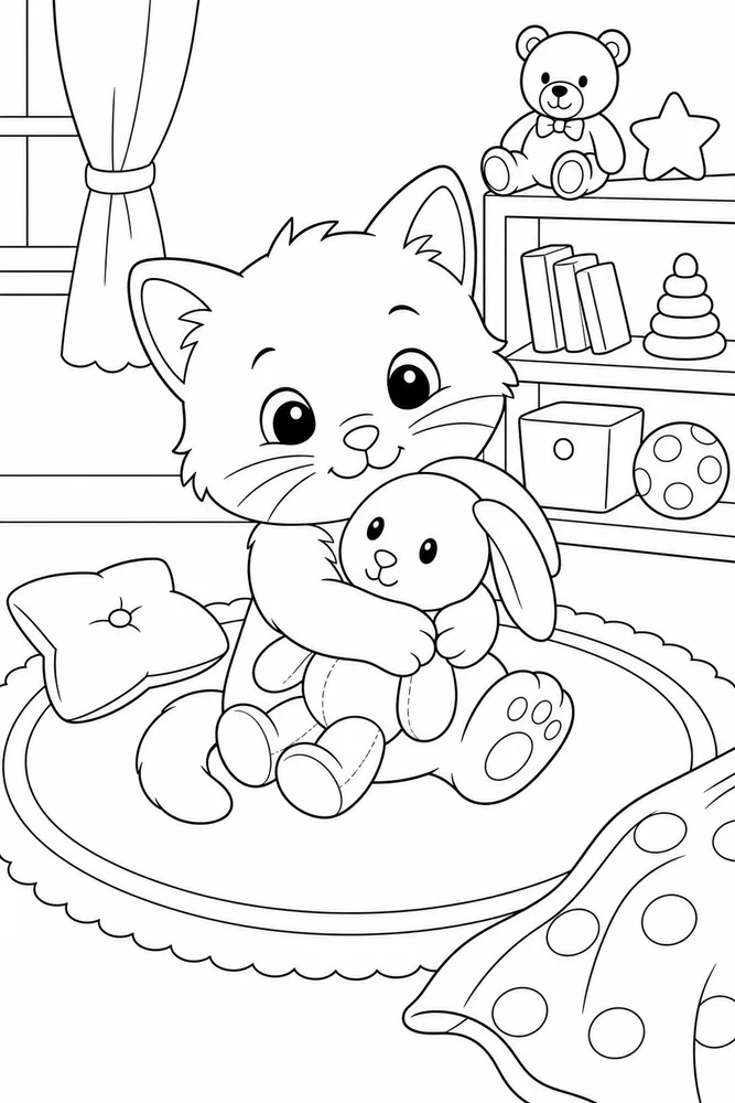 Kitty hugging a stuffed bunny on a rug coloring page