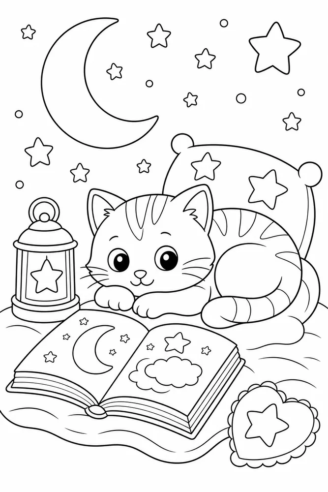 Night Cat Bedtime Story printable coloring page for kids