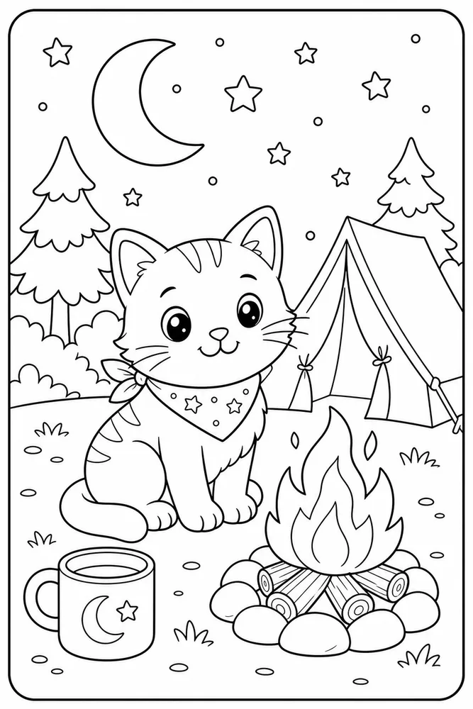 Night Cat Campfire Mug printable coloring page for kids