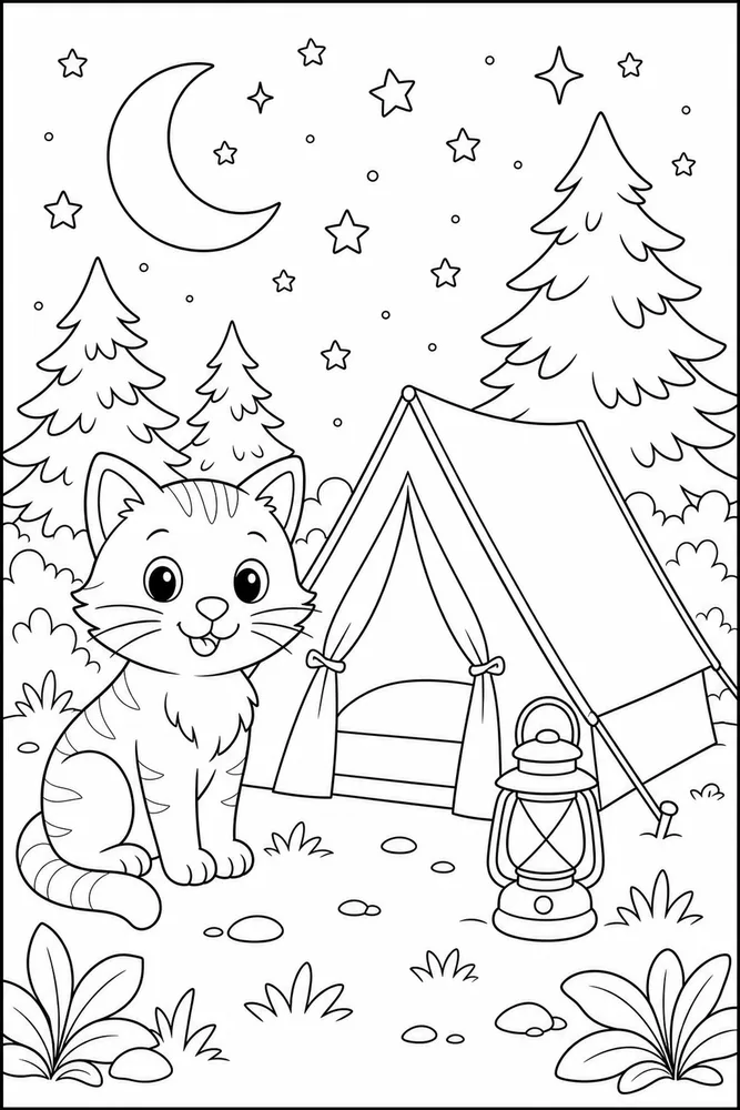 Night Cat Camping Tent printable coloring page for kids