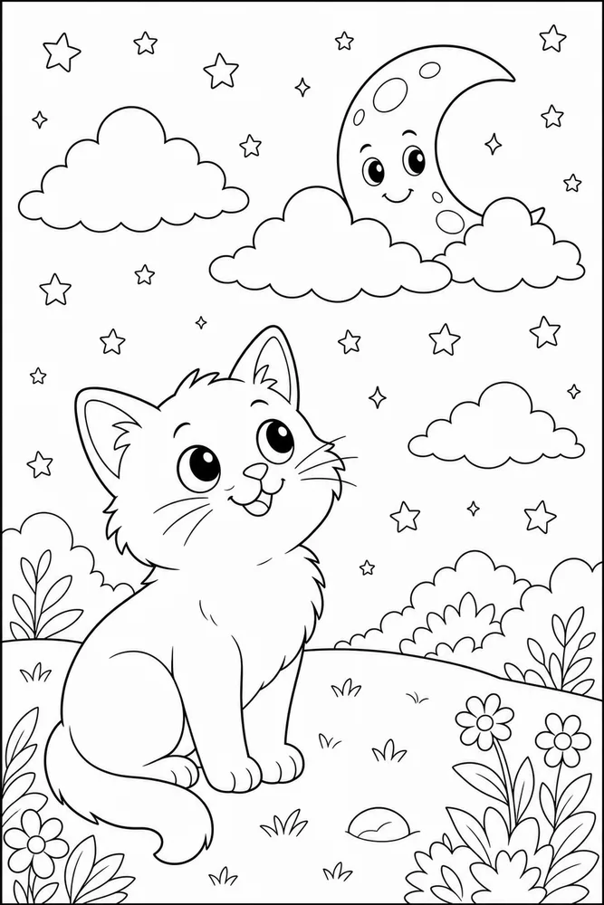 Night Cat Cloudy Moon printable coloring page for kids