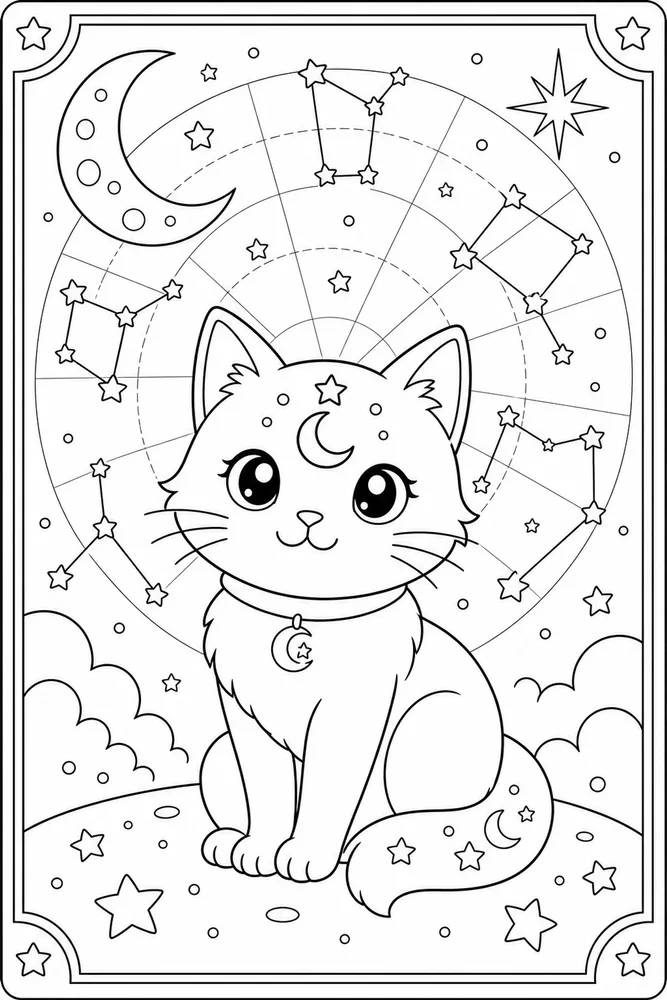 Night Cat Constellation Map printable coloring page for kids